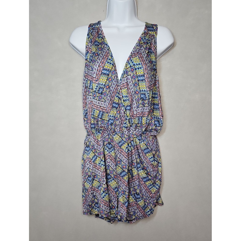 Fraiche by J Womens Multicolor Geometric Sleeveless V Neck Romper Size Large NWT